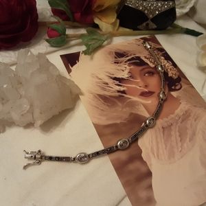 VINTAGE SOLID 925 STERLING SILVER MARCASITE & CRYSTAL TENNIS BRACELET